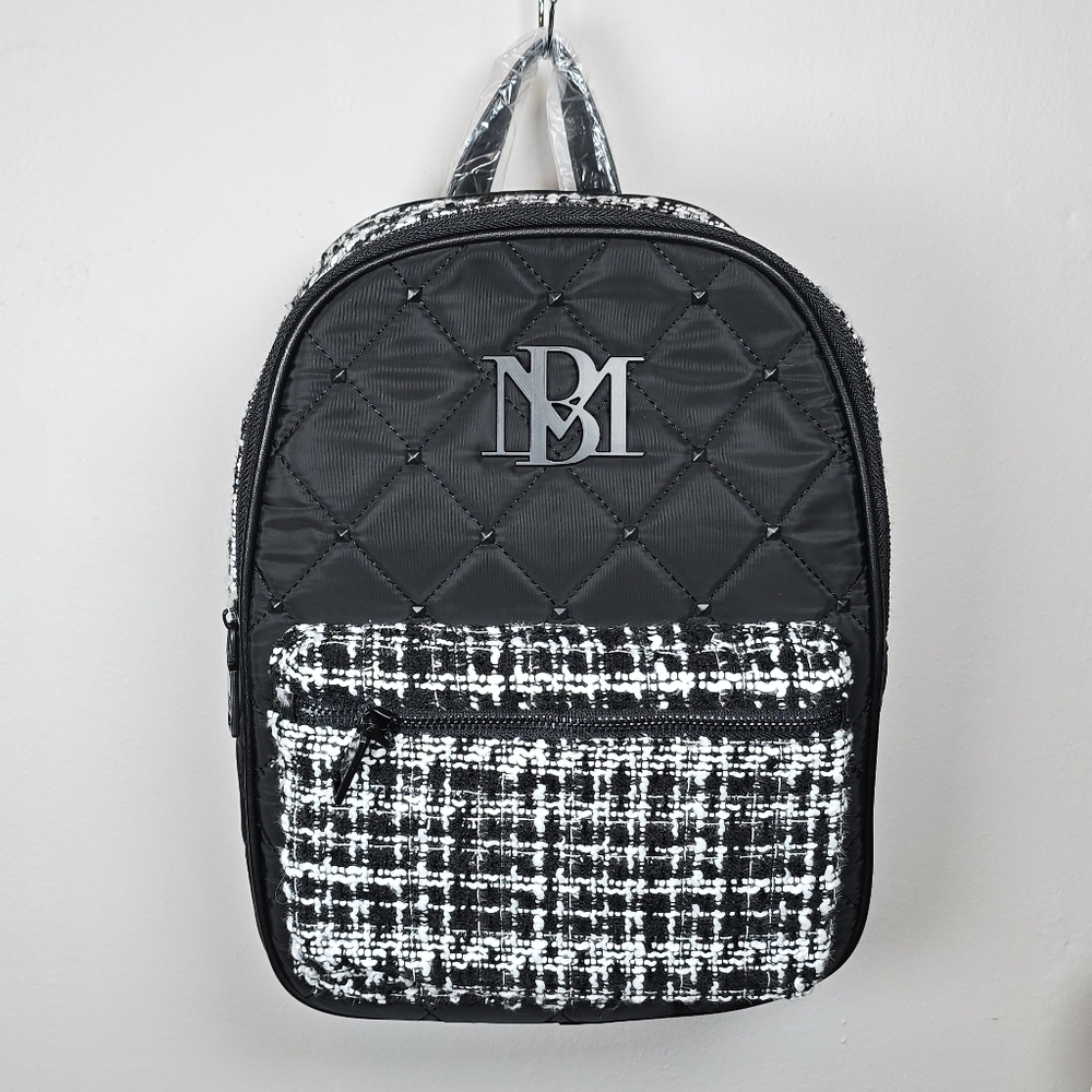 Badgley Mischka Diamond Quilted Nylon Studded Zip Backpack Vegan Leather Tweed